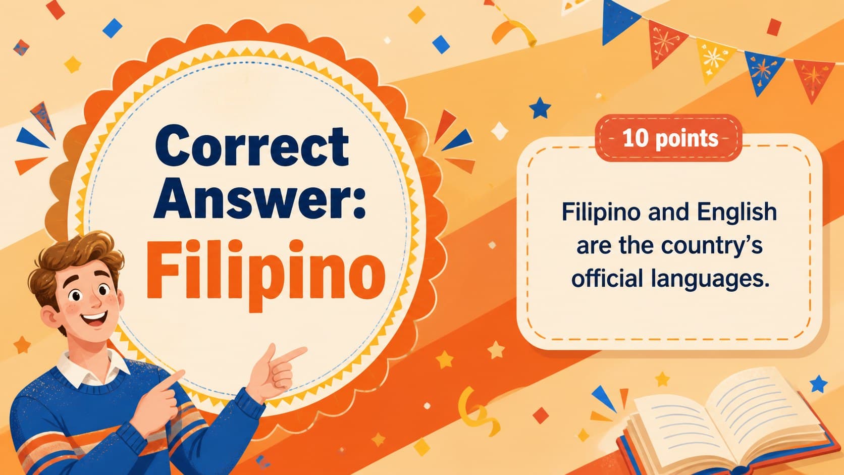 Answer reveal slide for a Filipino language classroom game showing Filipino as the correct response.