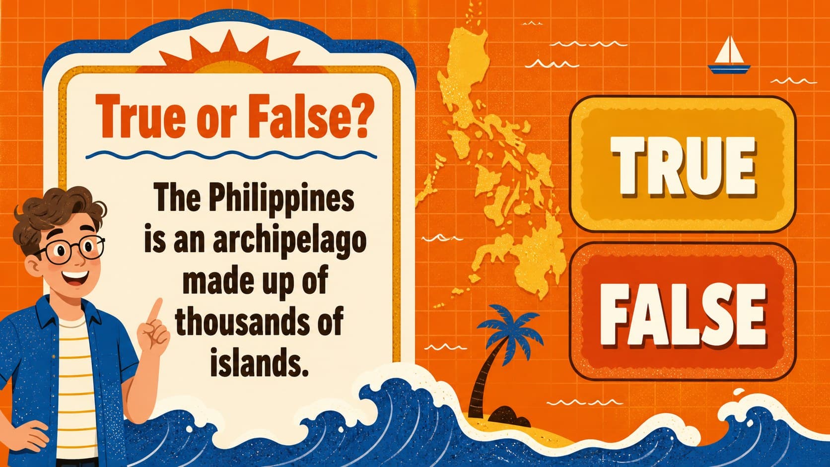 True-or-false Philippines geography question in an orange illustrated quiz deck.