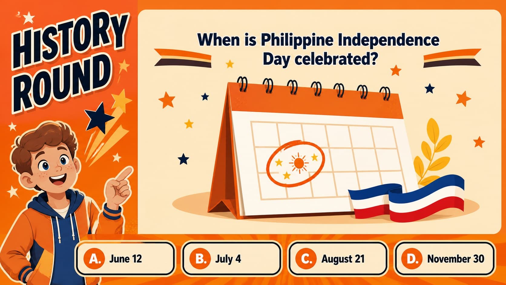 Philippine history quiz question about Independence Day with four answer choices.