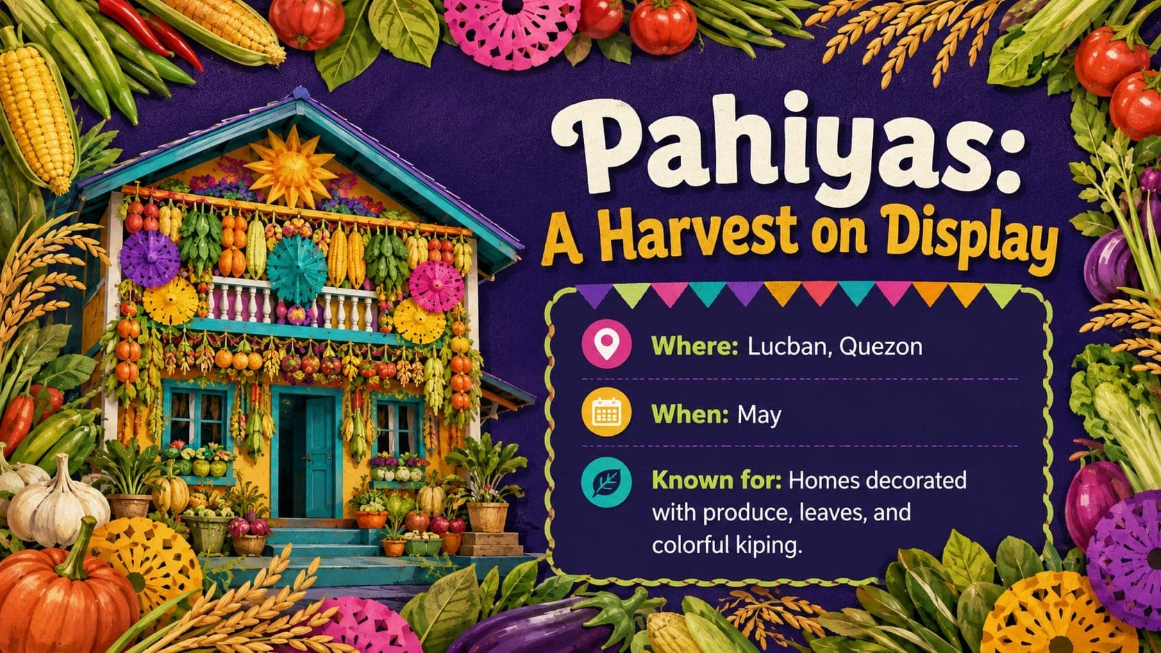 Pahiyas harvest celebration slide with colorful produce and decorated house motifs for a culture lesson.