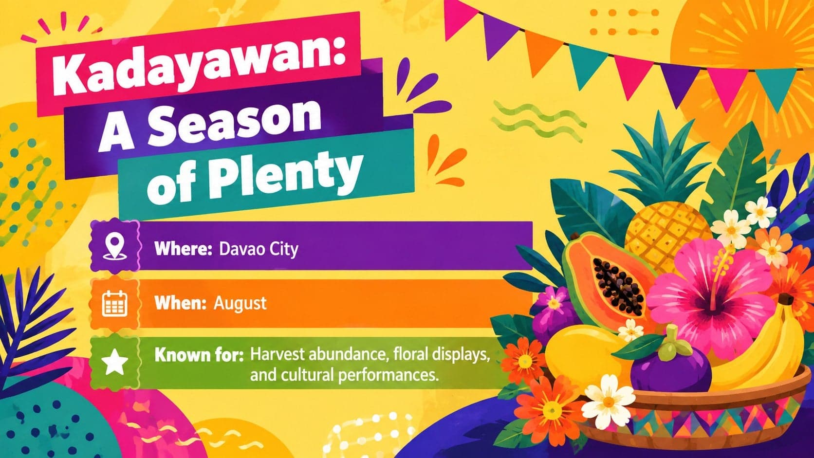 Kadayawan festival profile slide showing fruit, flowers, harvest abundance, and Davao City facts.