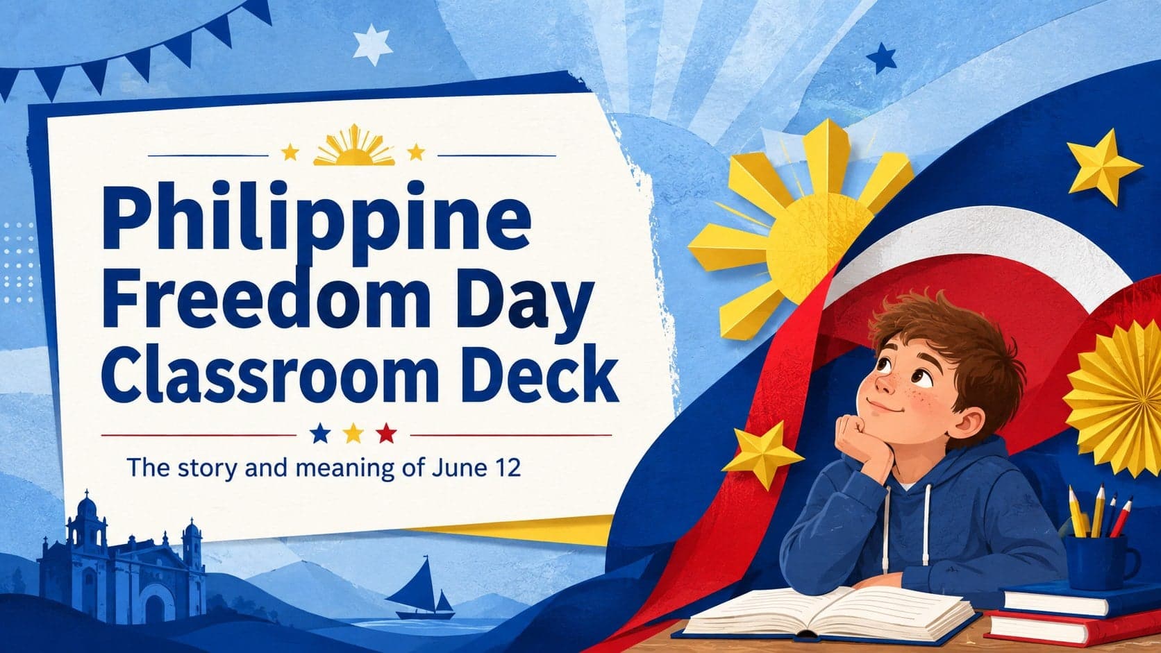 Cover of the Philippine Freedom Day Classroom Deck with colorful June 12 imagery on a vivid blue background.