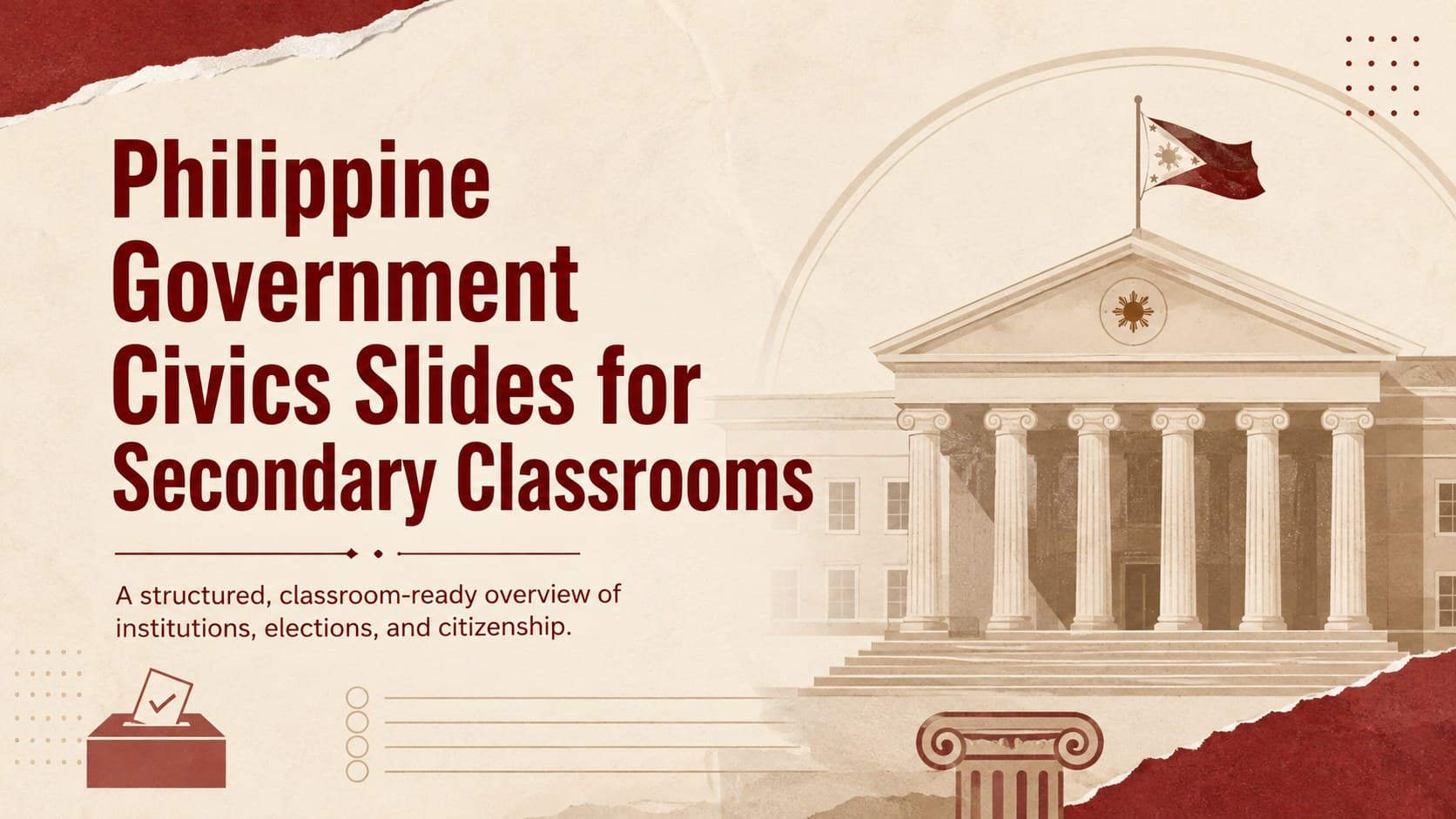 Cover for Philippine government civics slides featuring a modern beige-and-red classroom design.