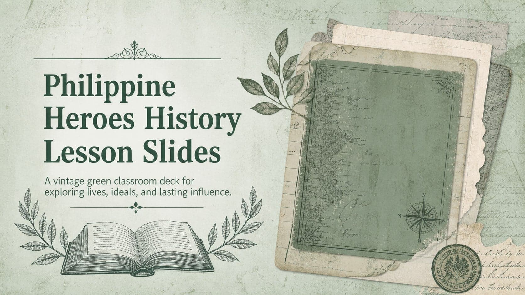 Cover for Philippine Heroes History Lesson Slides with vintage green botanical ornaments and an archival classroom style.