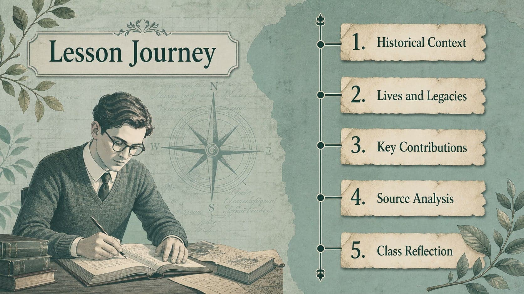 Vintage green Philippine history lesson agenda outlining hero profiles, timelines, sources, and reflection activities.