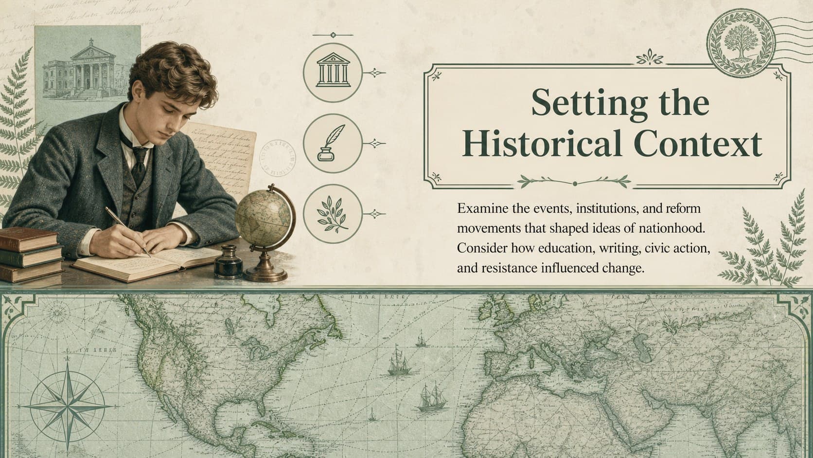 Philippine history context slide with a vintage map-inspired layout and prompts about reform and national identity.