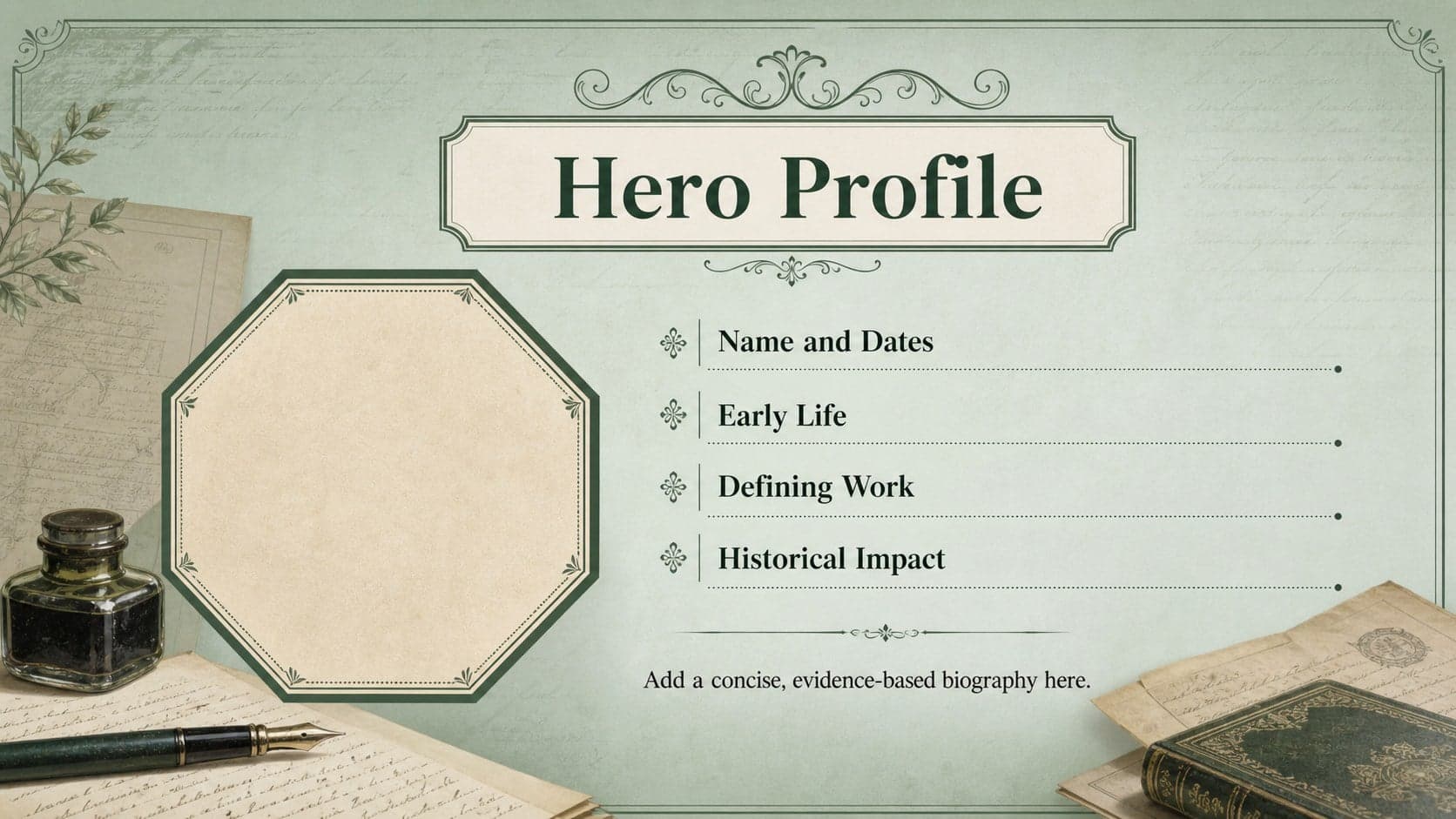 Philippine hero biography template featuring an archival portrait placeholder and structured research facts.