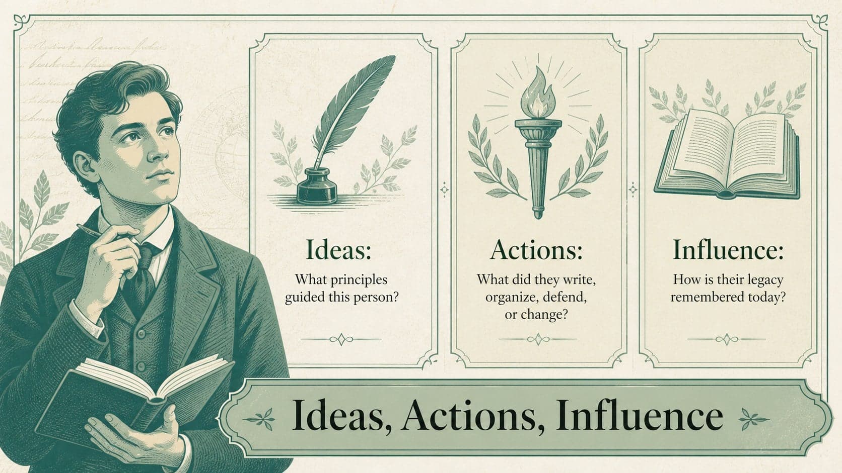 National heroes classroom slide organizing achievements into ideas, actions, and lasting influence.