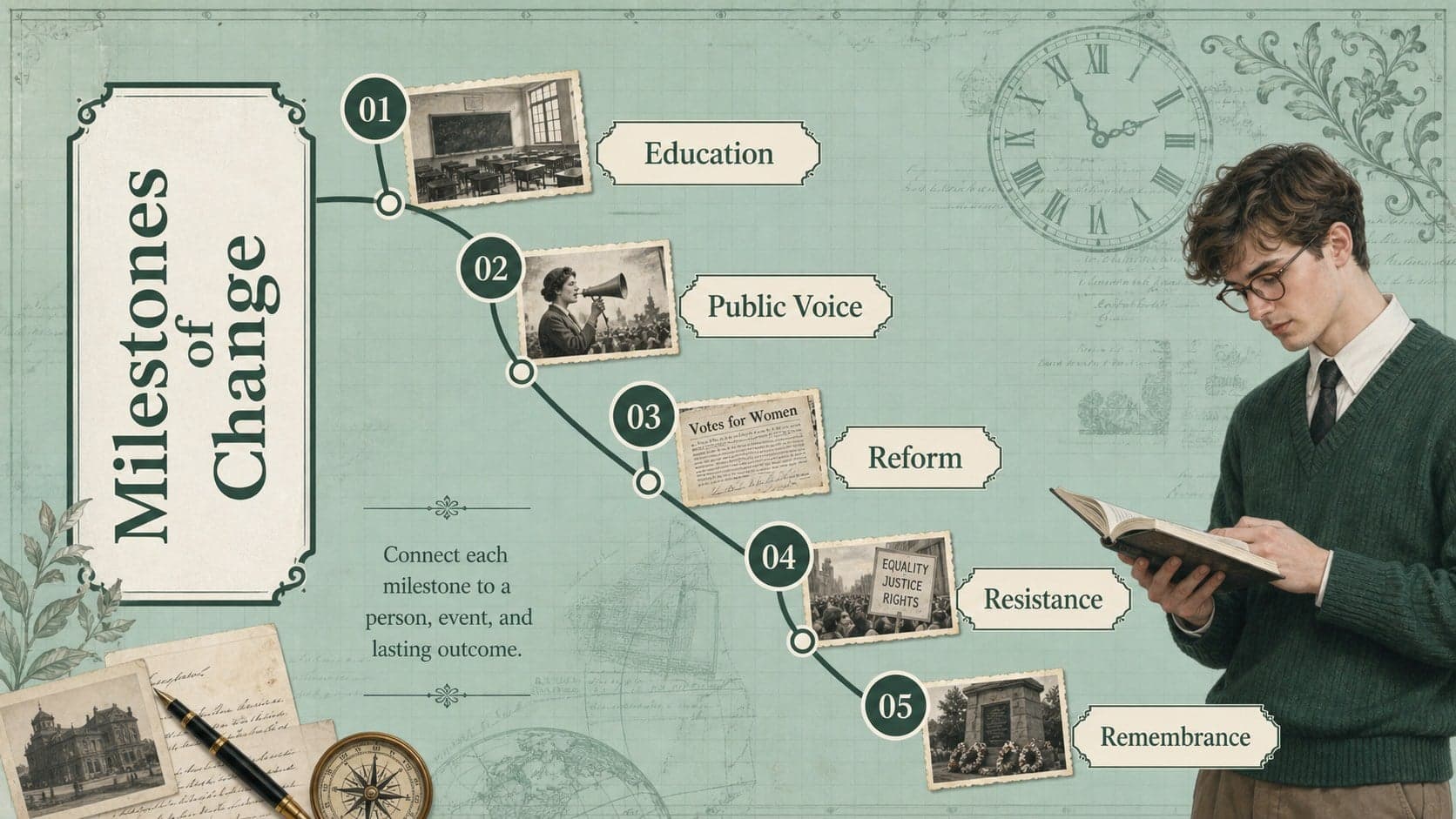 Vintage Filipino history presentation timeline with milestones for education, reform, resistance, and remembrance.