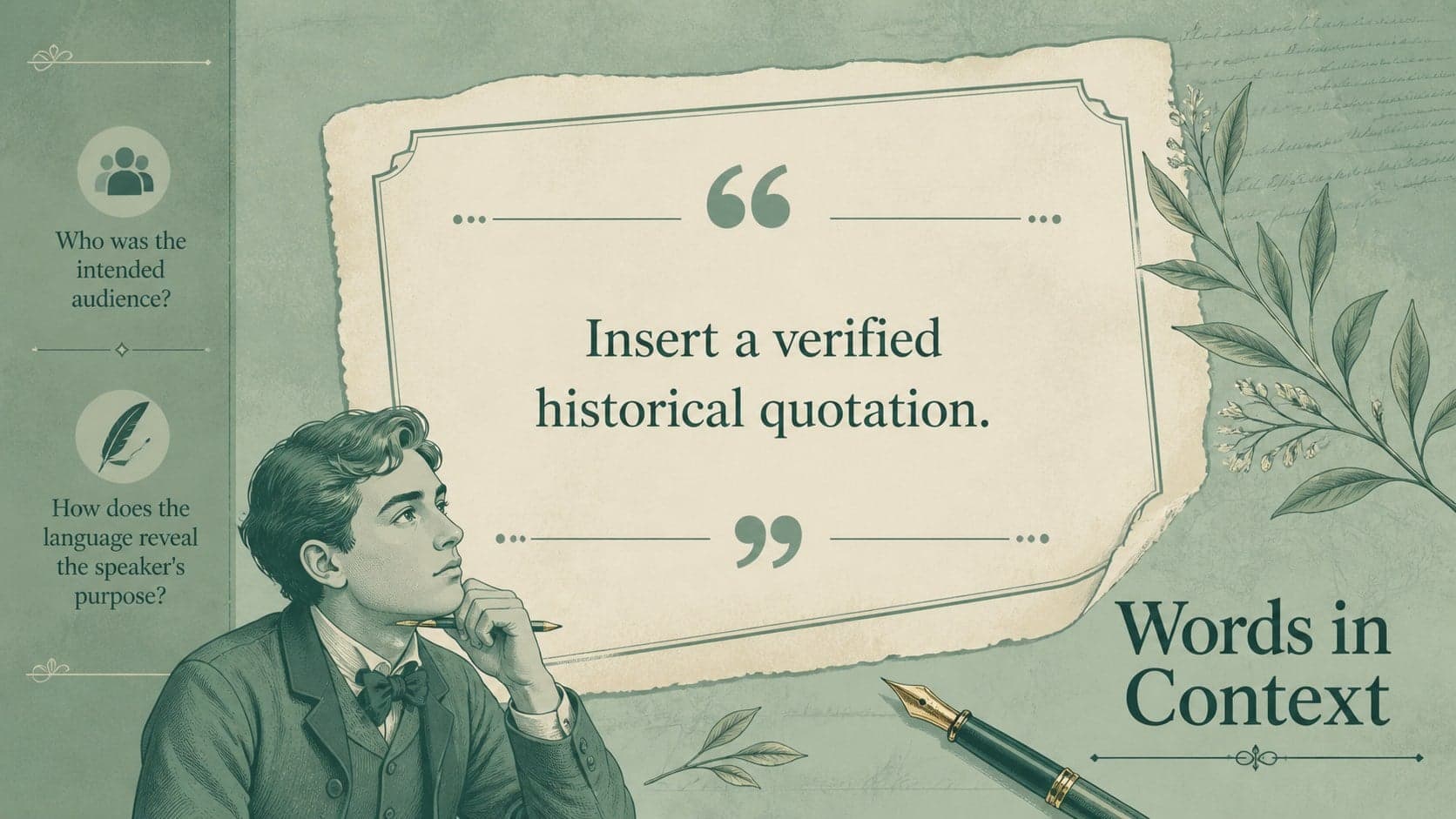 Historical quotation discussion slide in a green vintage classroom design with context and interpretation prompts.