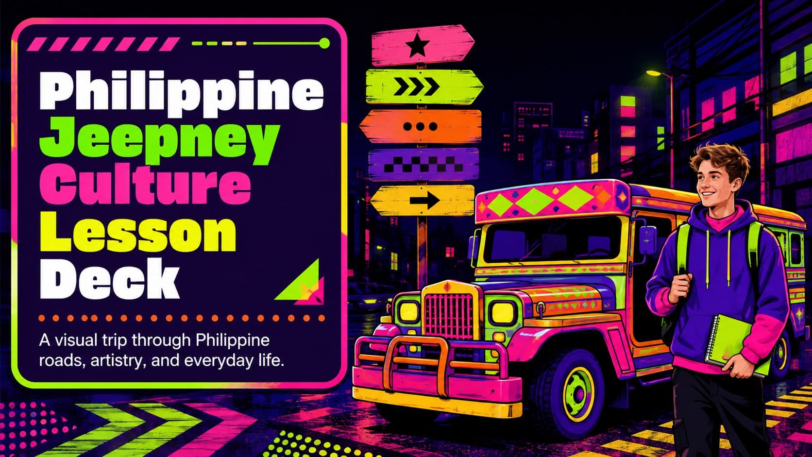 Cover of a Philippine Jeepney Culture Lesson Deck with neon transport artwork and bold classroom typography.