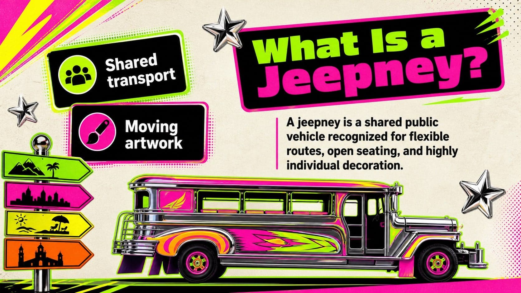 Philippine jeepney history presentation slide explaining the vehicle's public transportation role.