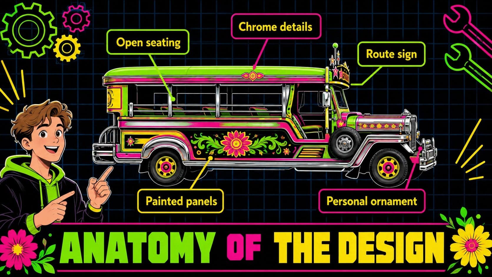 Illustrated jeepney anatomy slide labeling chrome details, route signs, seating, color, and ornament.