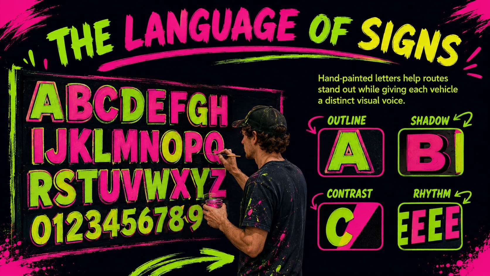 Jeepney signage design slide examining hand-painted letters, outlines, shadows, and high-contrast colors.