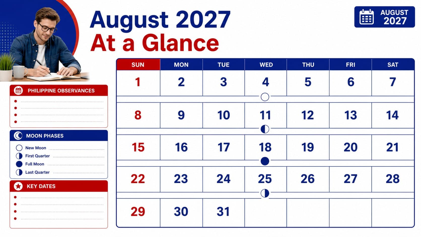 August 2027 Philippine datebook overview with highlighted observances, moon phases, and large readable calendar dates.