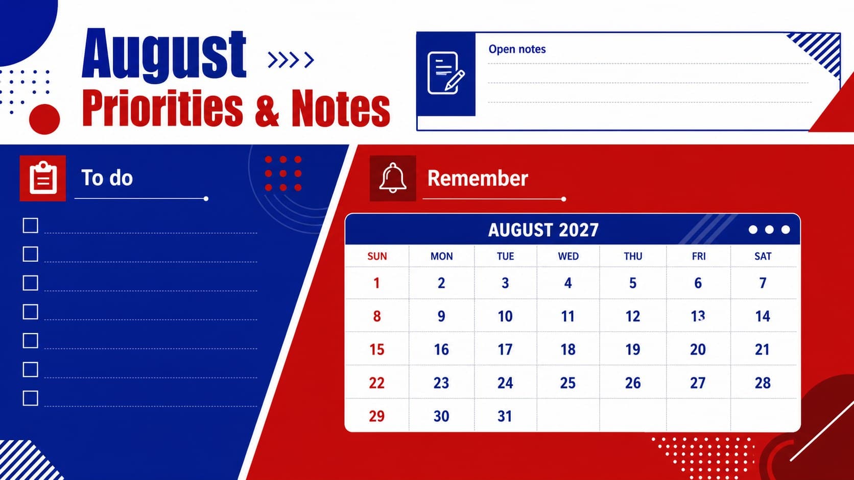 Monthly planning slide with August priorities, to-do items, notes, and Philippine observance reminders.