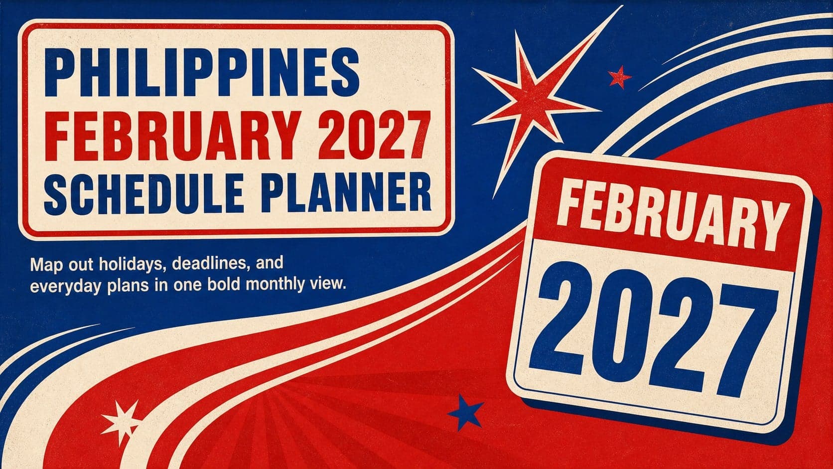 Cover of the Philippines February 2027 schedule planner in a bold blue and red retro style.