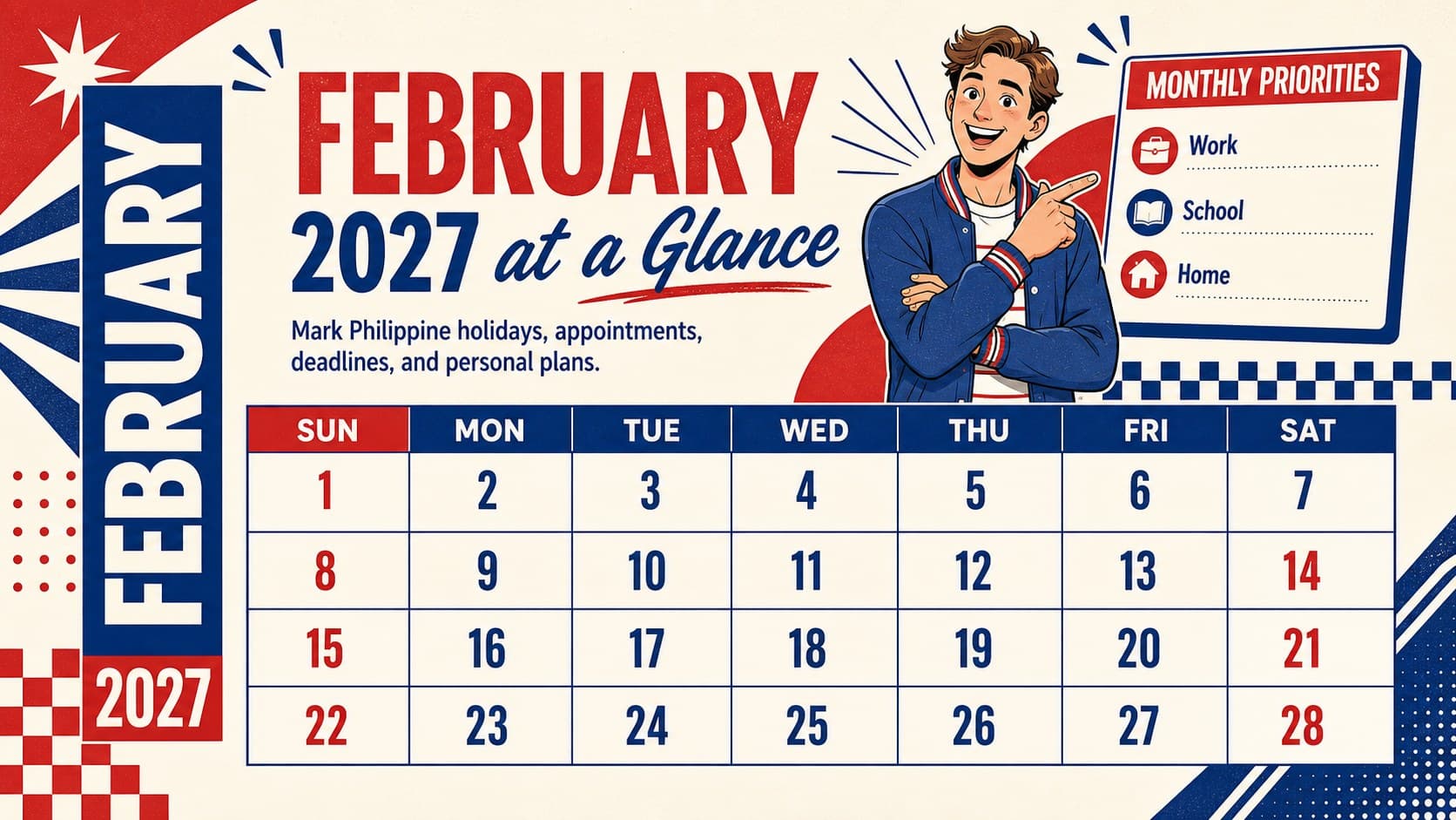 Editable February 2027 monthly calendar with spaces for Philippine holidays, deadlines, and appointments.