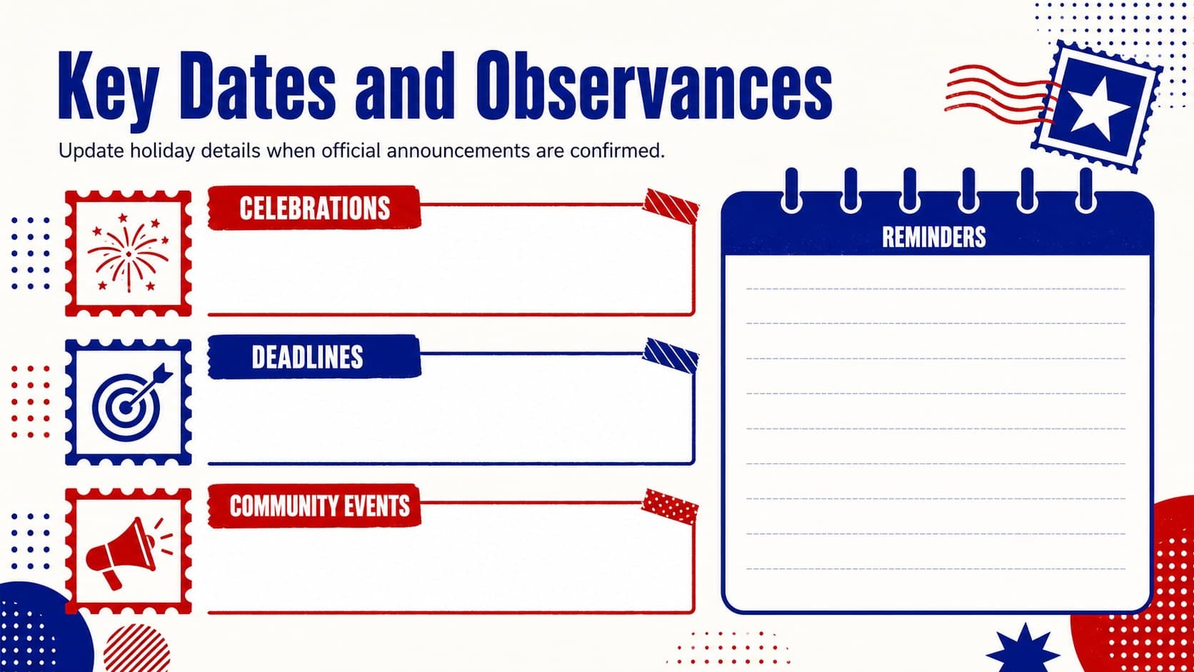 Philippines holiday planning slide with editable sections for key dates, reminders, and monthly notes.