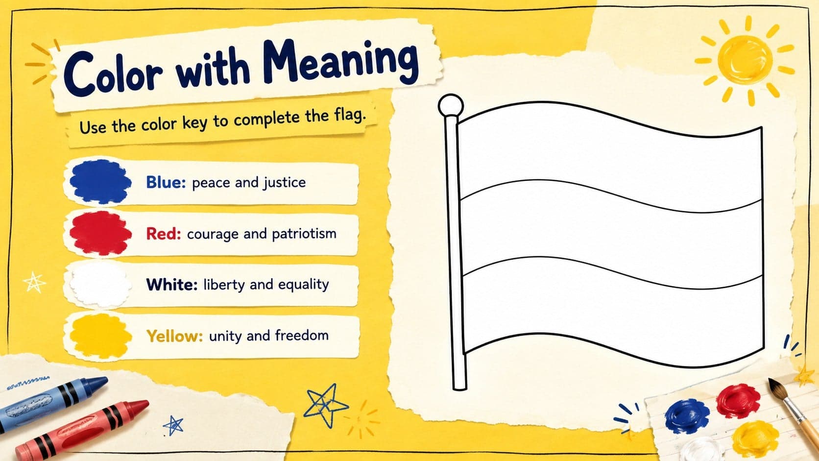 Color recognition activity for elementary students featuring the red, blue, white, and yellow elements of the Philippine flag.