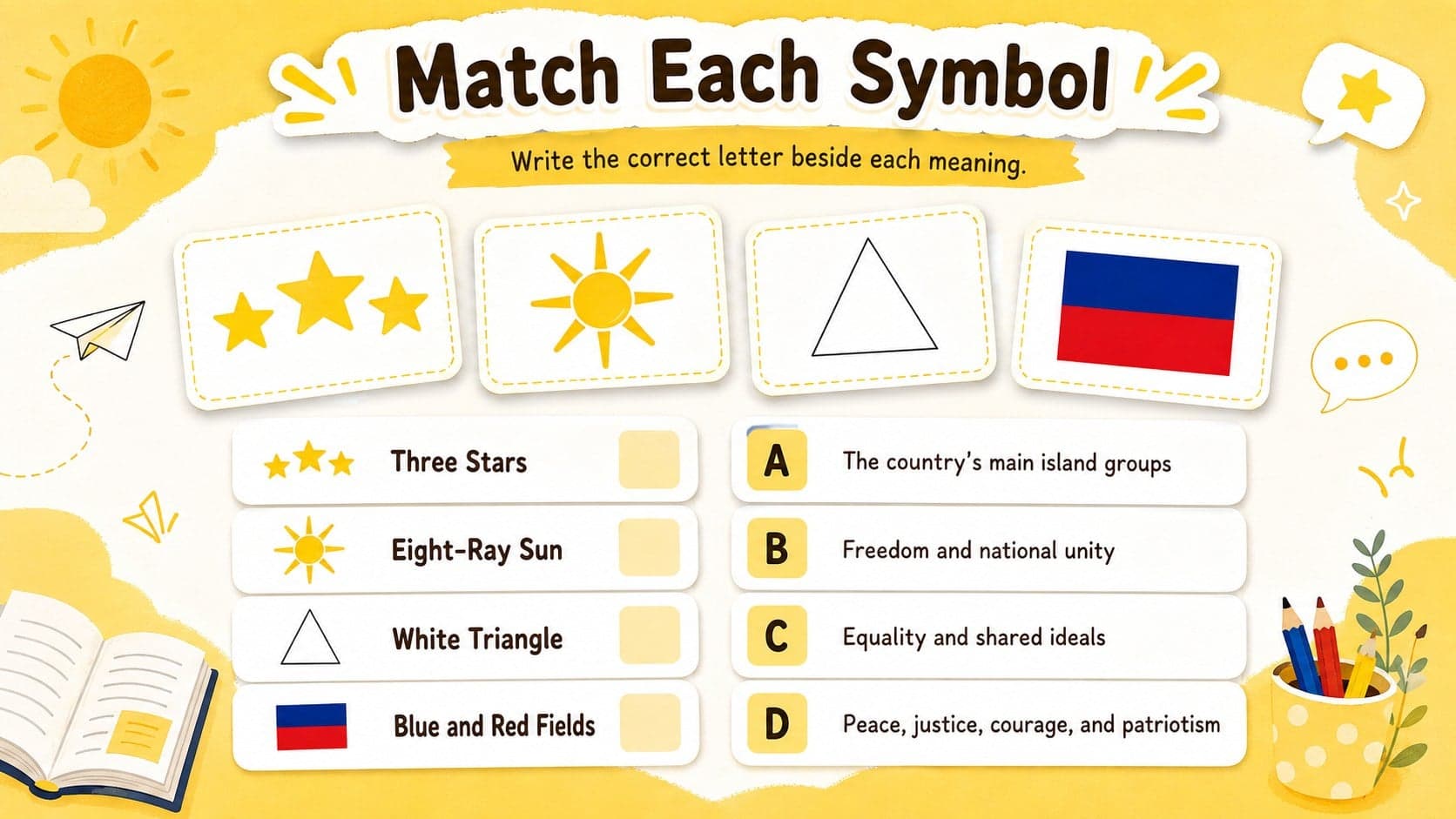 Philippine flag symbolism matching worksheet with illustrated stars, a sun, colored fields, and meaning cards.