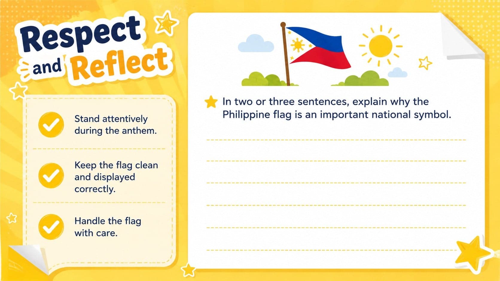 National symbol reflection worksheet with respectful flag-handling reminders and writing space for elementary learners.