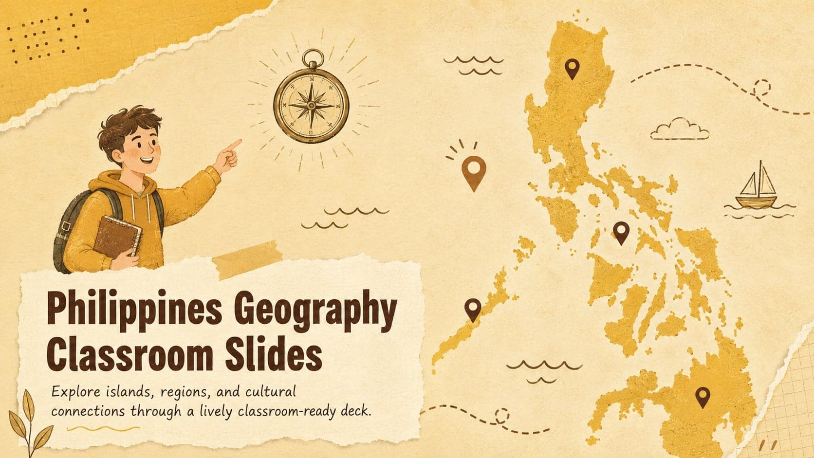 Cover for Philippines geography classroom slides featuring a bright yellow illustrated archipelago map and school-themed accents.