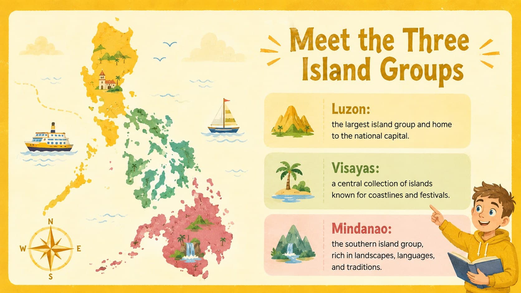 Yellow Philippines geography lesson slide introducing Luzon, Visayas, and Mindanao with labeled illustrated map sections.