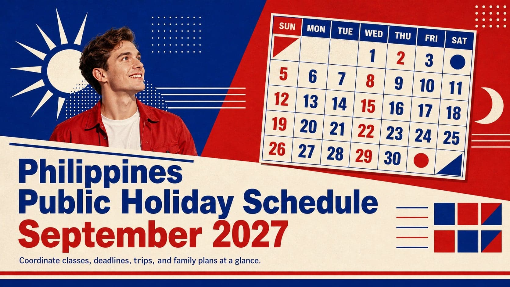 Cover for the Philippines Public Holiday Schedule September 2027 in a bold retro red and blue design.