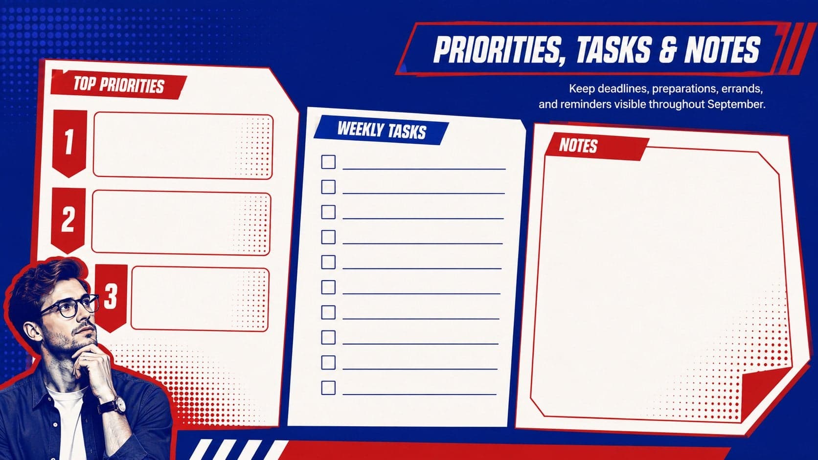 Red and blue monthly schedule template slide with September priorities, notes, and weekly tasks.