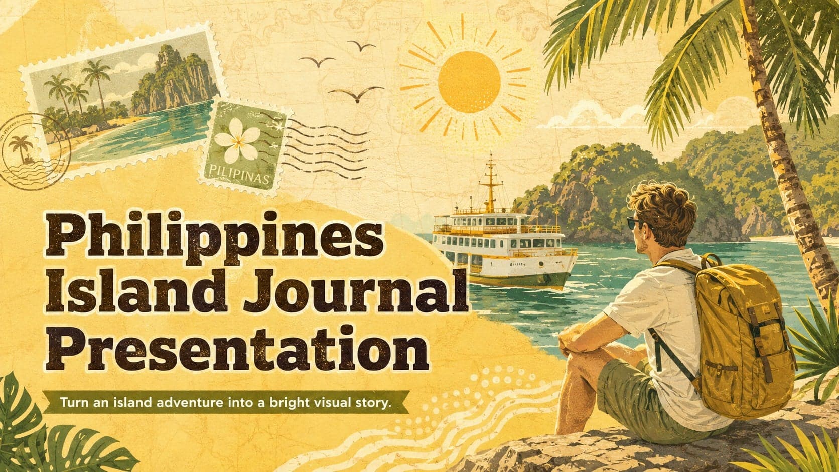 Yellow illustrated cover for a Philippines island journal presentation featuring tropical travel imagery.