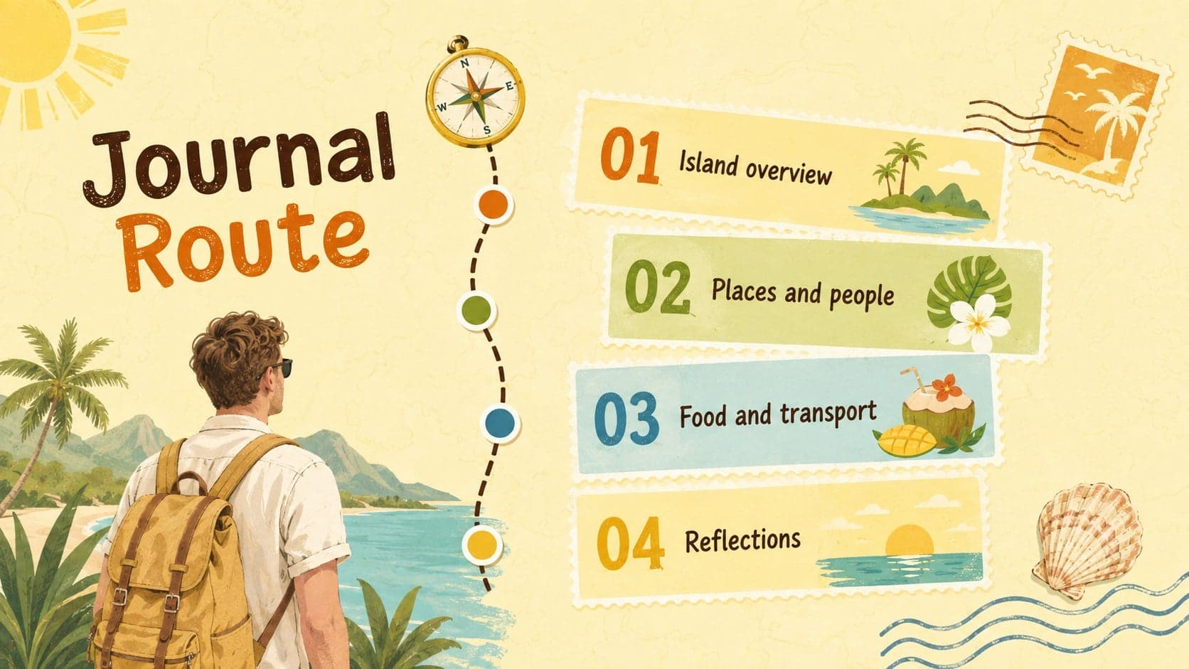 Illustrated Philippines travel journal contents slide with itinerary topics and yellow tropical accents.