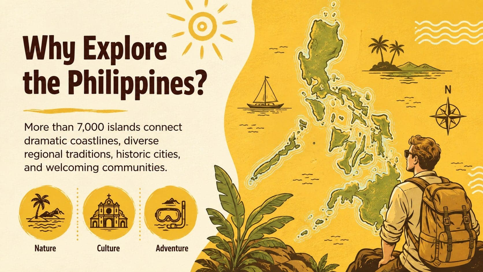 Philippines tourism overview slide with an illustrated archipelago map and key travel facts.