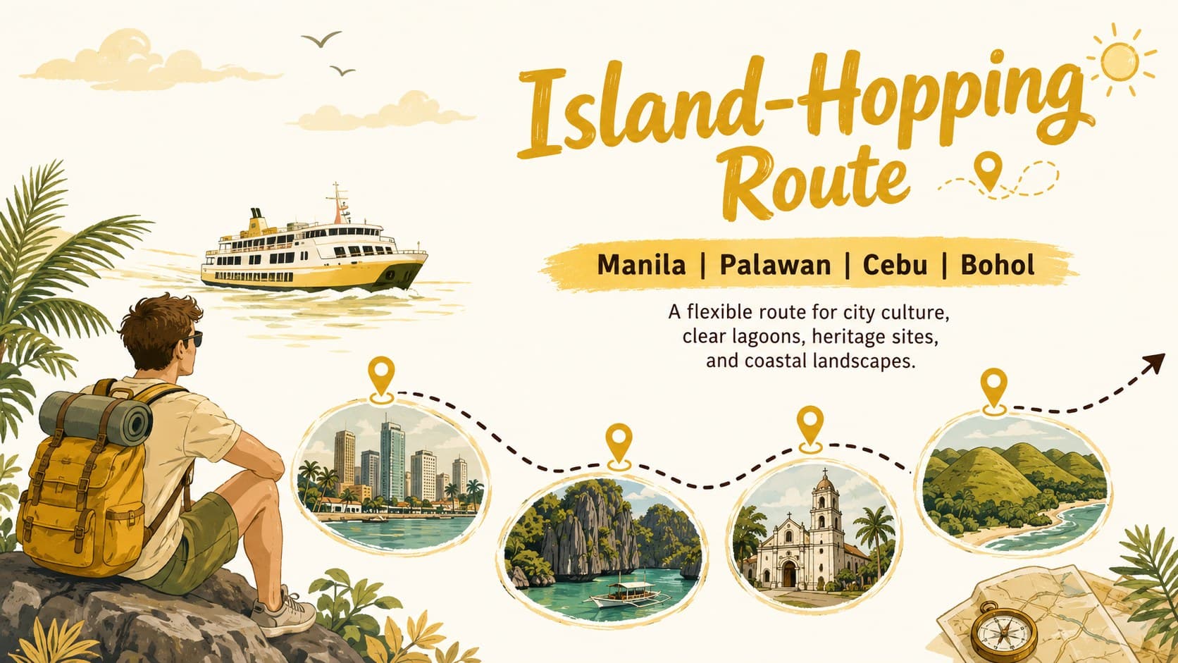 Island-hopping itinerary slide showing Manila, Palawan, Cebu, and Bohol in a yellow illustrated layout.