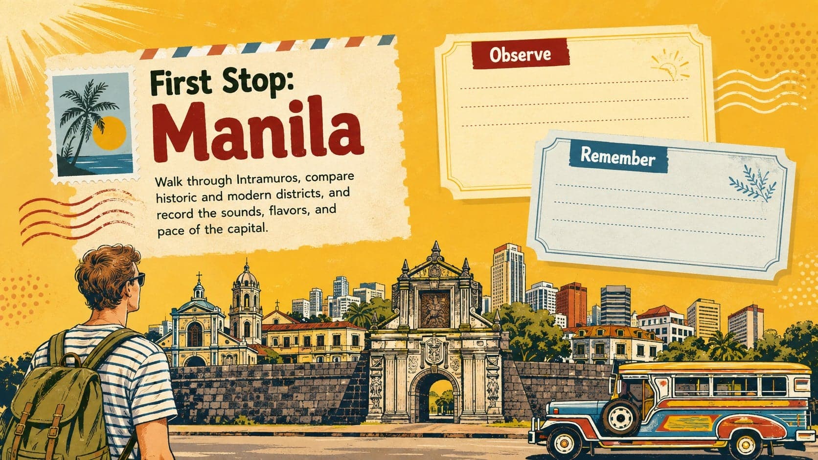 Manila city journal slide with illustrated heritage architecture and concise travel notes.