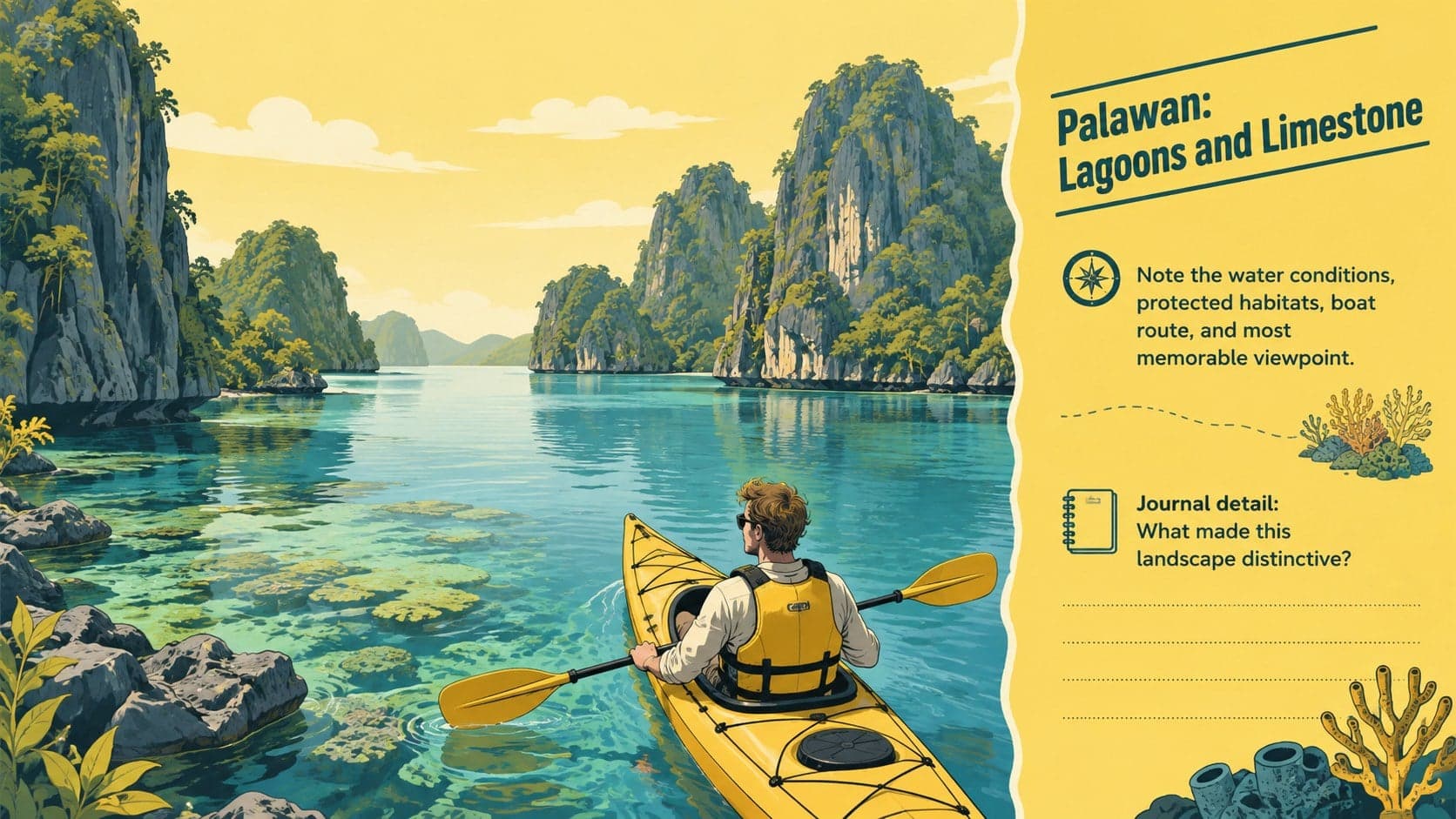 Palawan destination highlight slide with yellow accents, limestone cliffs, a lagoon, and journal notes.