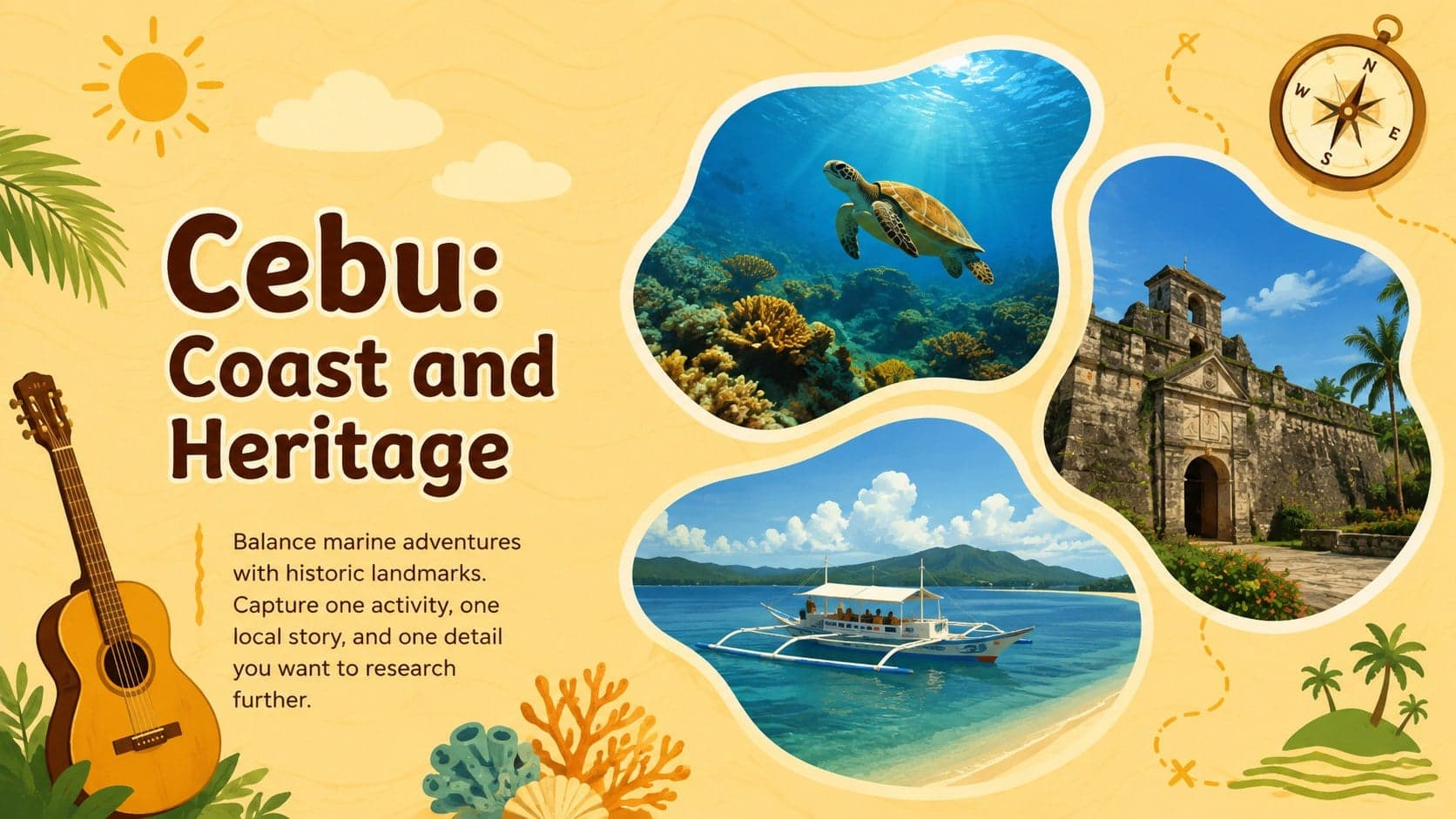 Cebu travel diary slide combining coastal scenery, heritage landmarks, and activity notes.