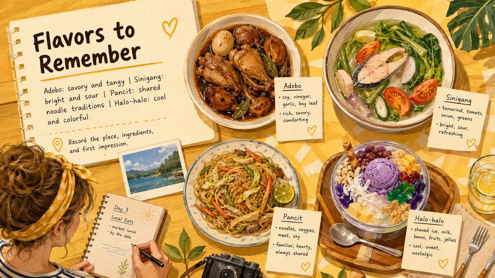 Philippines food journal slide with illustrated dishes and tasting-note prompts in a yellow palette.
