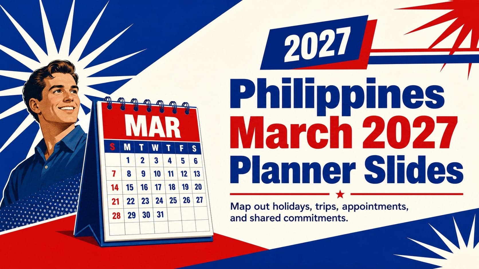 Cover for Philippines March 2027 planner slides featuring bold retro blue and red calendar graphics.