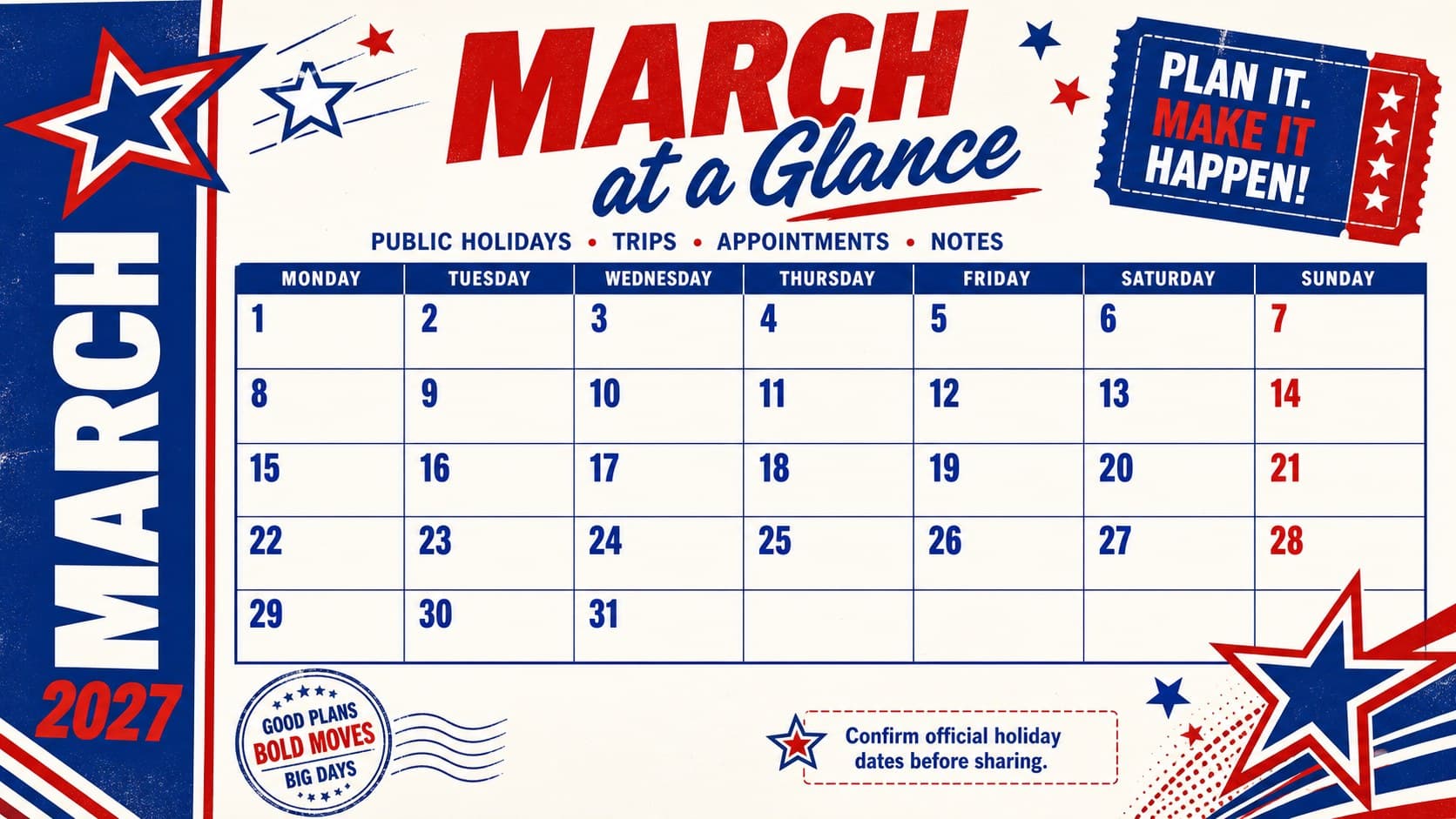 March 2027 Philippines calendar slide with editable spaces for holidays, trips, appointments, and notes.