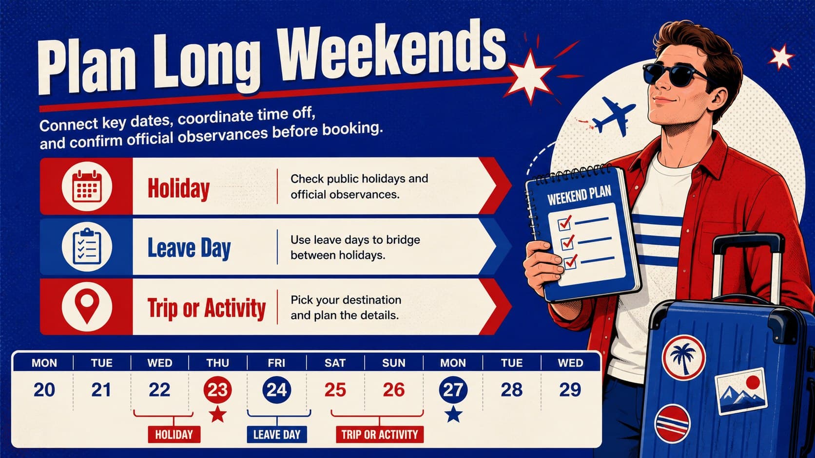 Philippine long weekend planning template with sections for holidays, leave days, travel, and activities.