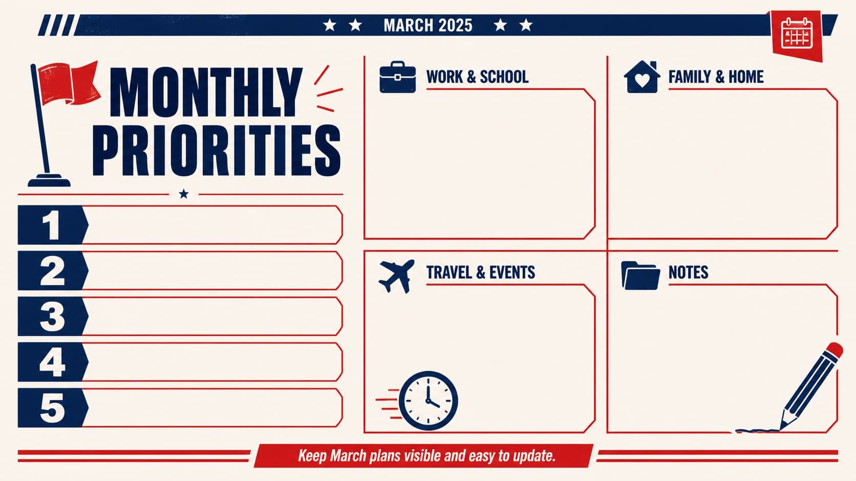 Retro monthly priorities slide organizing work, school, family, travel, events, and March calendar notes.
