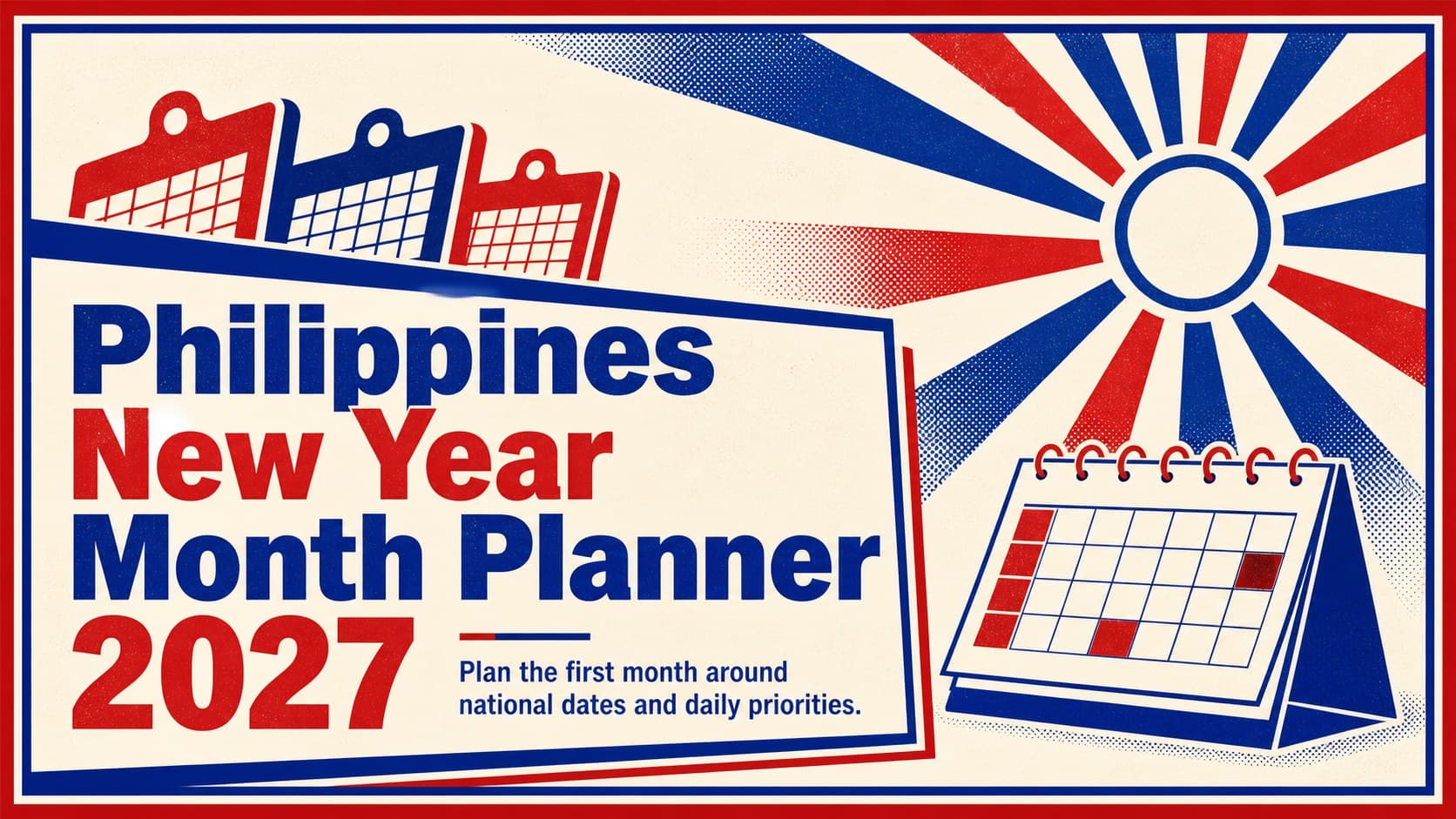 Cover of the Philippines New Year Month Planner 2027 in a bold retro blue and red presentation style.