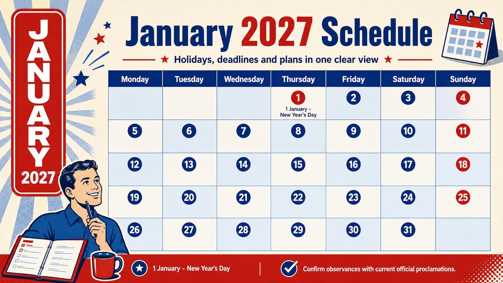 Editable January 2027 Philippines monthly schedule with a retro blue and red calendar grid.
