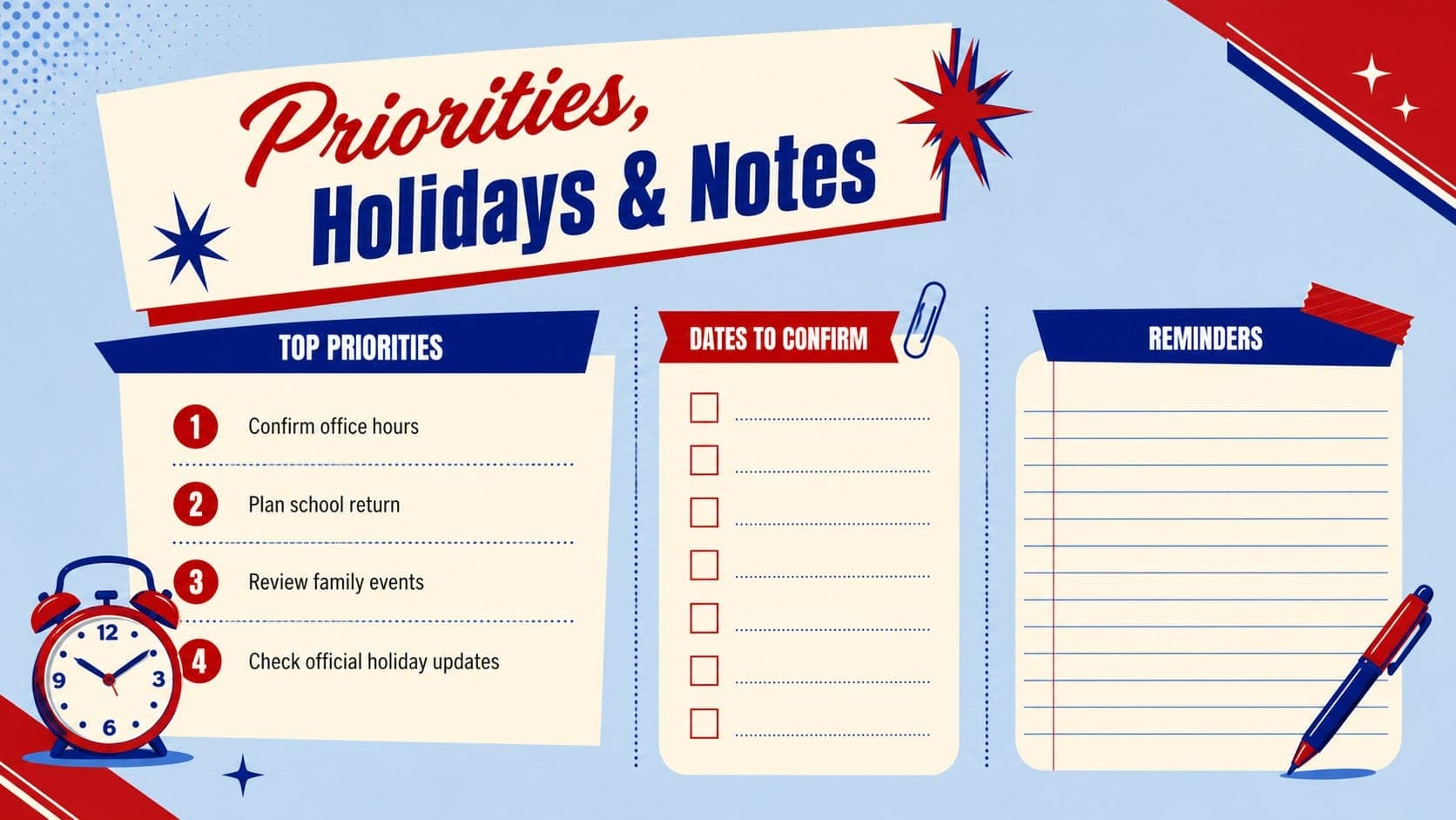 Philippine office leave planning calendar slide with priority lists, holiday notes, and January reminders.