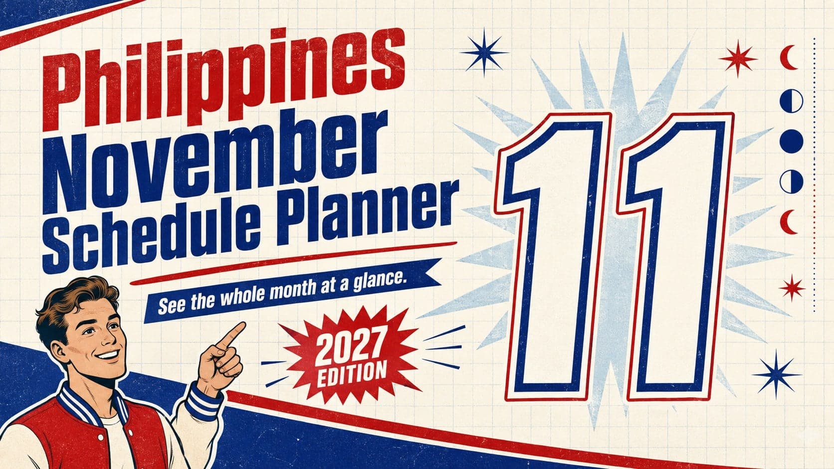 Retro red and blue cover for the Philippines November Schedule Planner with bold 2027 typography and geometric calendar details.