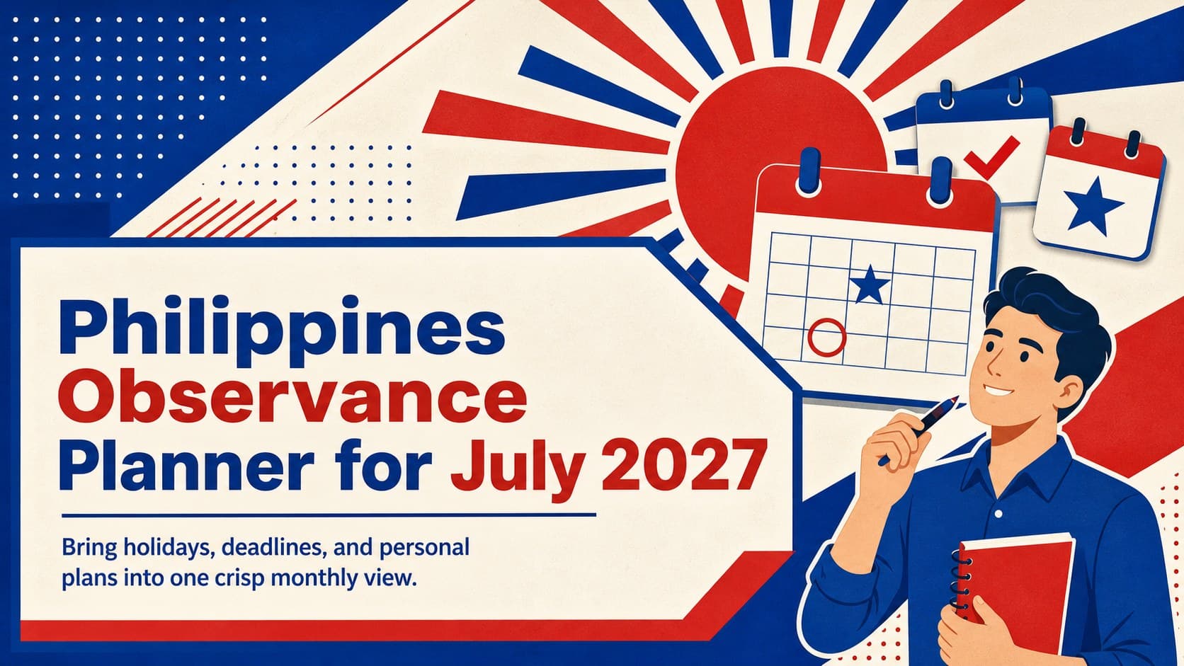 Cover of the Philippines observance planner for July 2027 in a bold retro red-and-blue style.