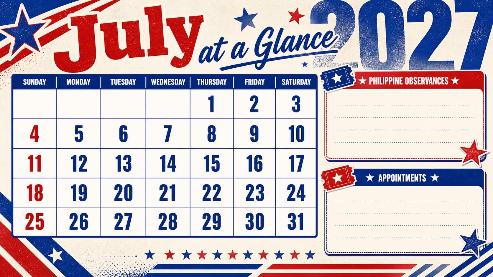 July 2027 monthly calendar slide with space for Philippine observances and appointments.