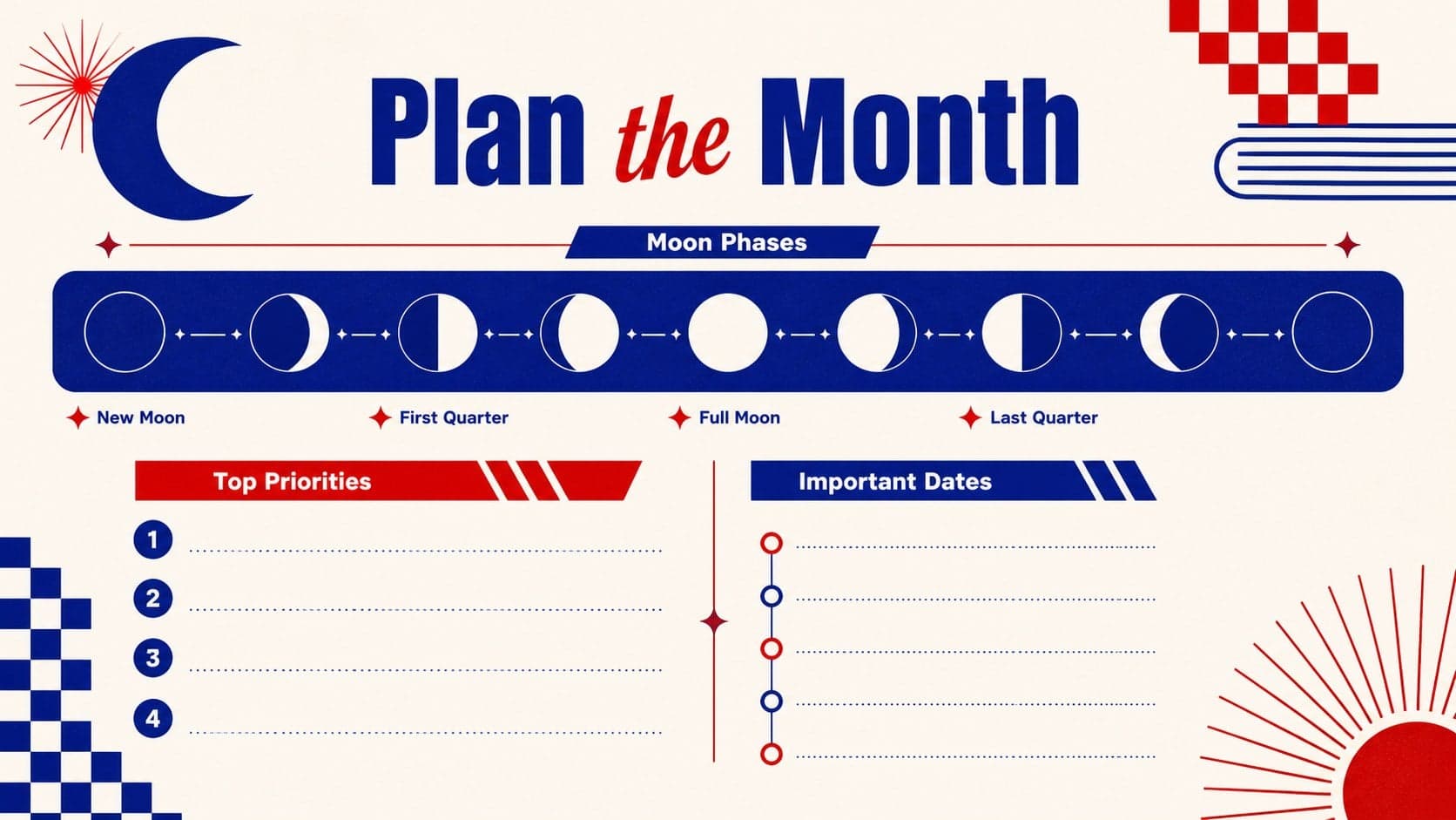 Retro July 2027 planning slide featuring moon phases, priorities, and important dates.