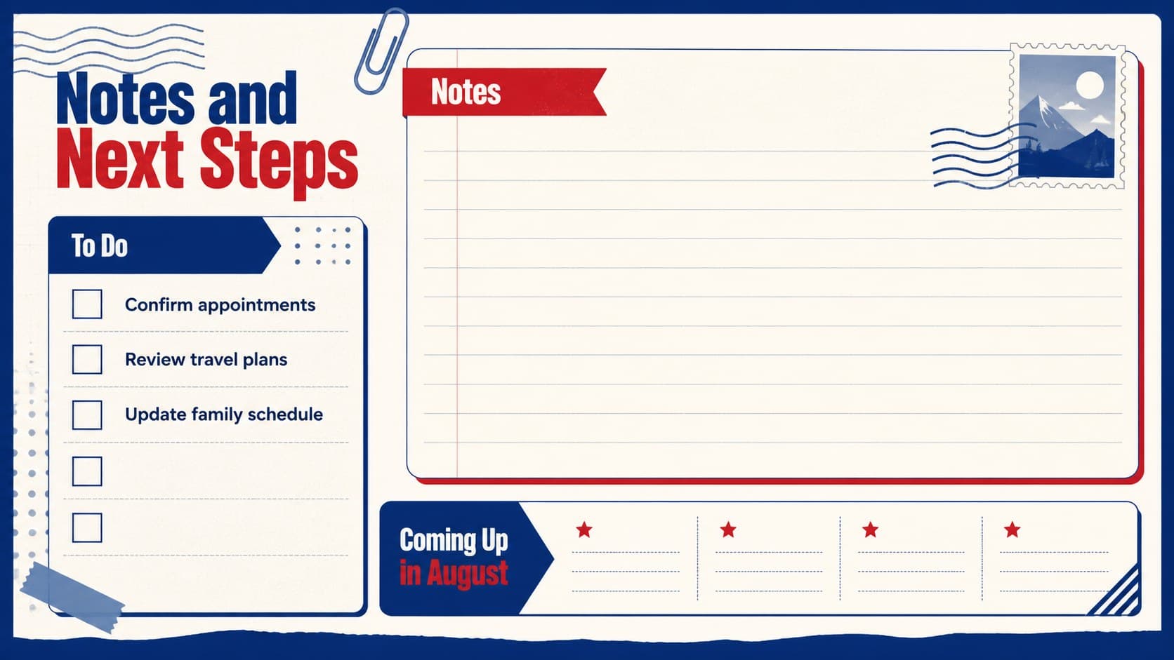 July planner notes slide with task checklist, reminders, and upcoming August dates.